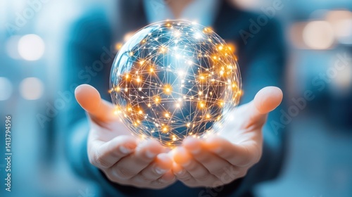 Woman holding global network sphere; city background; technology concept