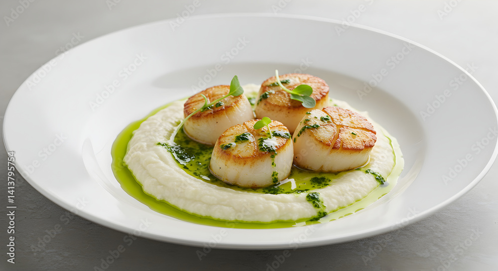 Seared Scallops Delicacy On Creamy Cauliflower Puree Served With Gremolata Seared Scallops Delicacy On Creamy Cauliflower Puree Served With Gremolata