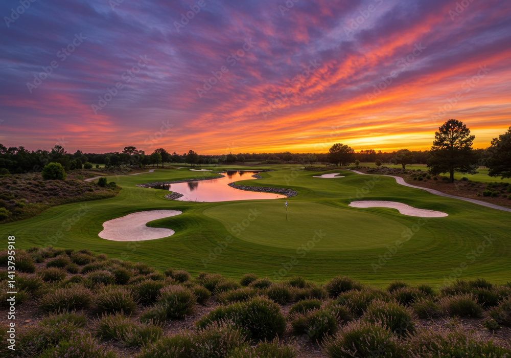 Naklejka premium Golfer putting on the 18th hole at sunset, casting a long shadow across the well-manicured green. Vibrant golden hues in the sky create a picturesque backdrop.