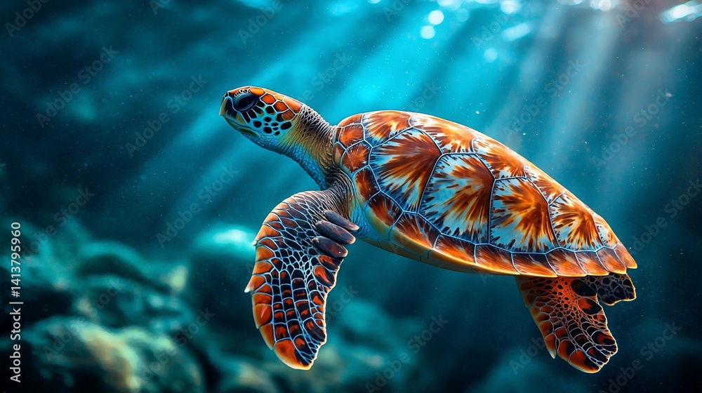 Fototapeta premium Sea turtle swims gracefully through sunlit turquoise ocean waters near rocky seabed