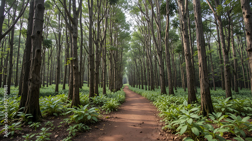 Pathway of the Wai Koa Loop trail or track leads through plantation of Mahogany trees in Kauai, Hawaii, USA
