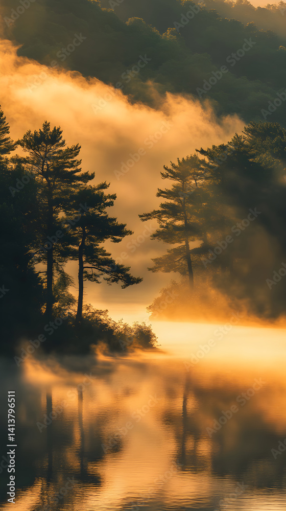Serenity Awakened: The Enchanting Tranquility of a Mist-Laden Morning Landscape