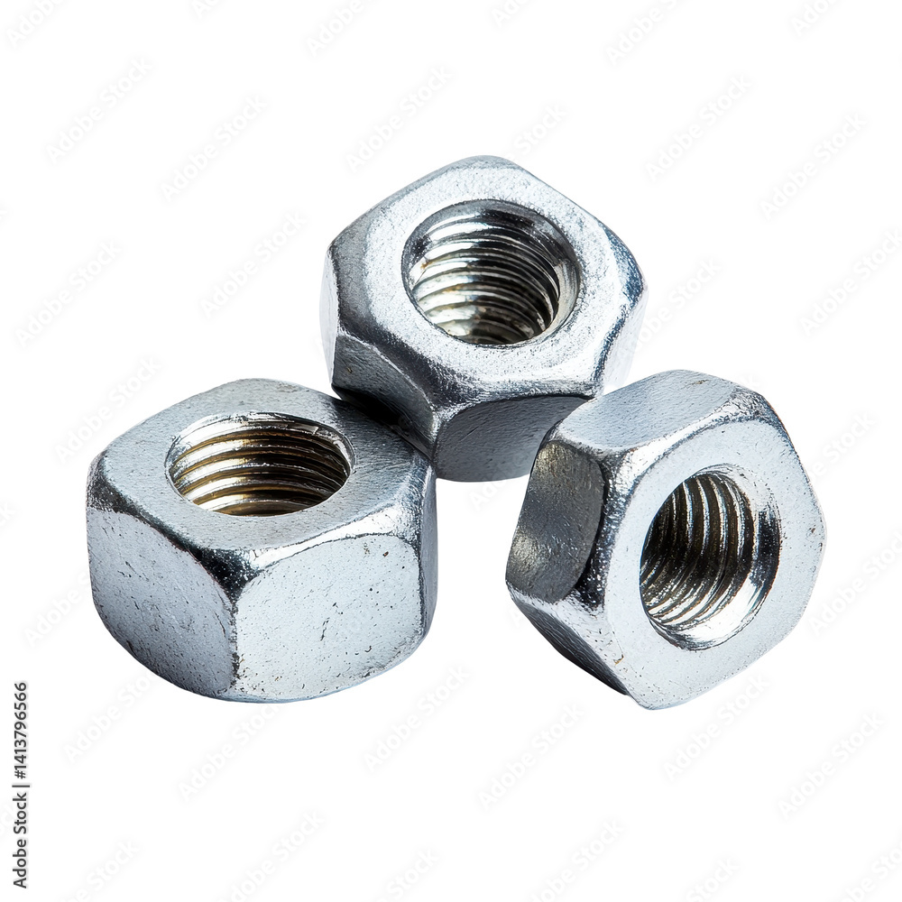Metal nuts isolated on Transparent background highlighting their hexagonal shape and threaded design, metal nuts isolated on PNG background Metal nuts isolated on Transparent background highlighting their hexagonal shape and threaded design, metal nuts isolated on PNG background