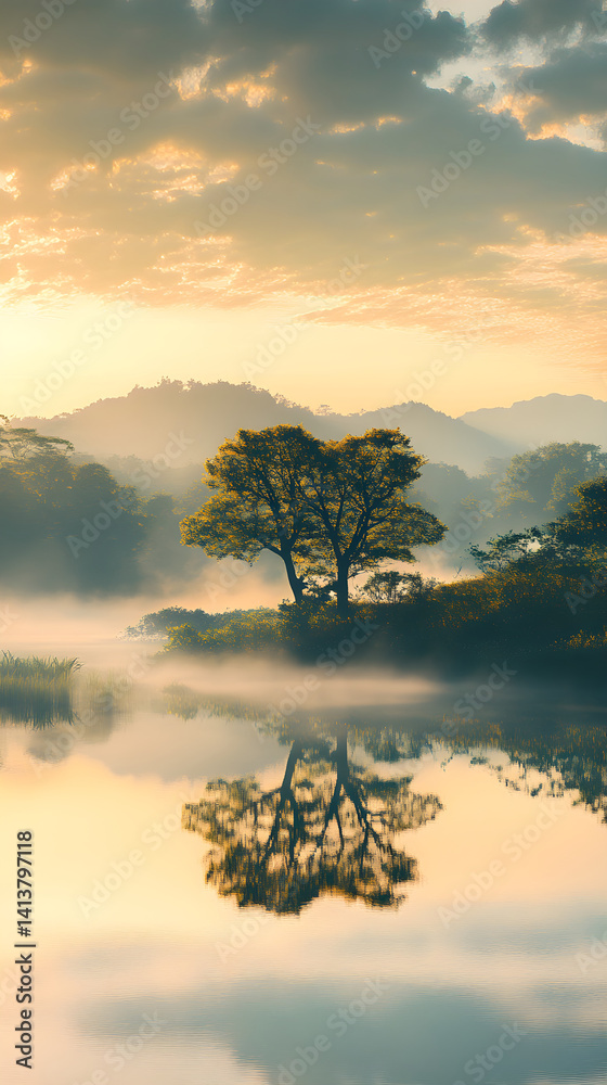 Serenity Awakened: The Enchanting Tranquility of a Mist-Laden Morning Landscape