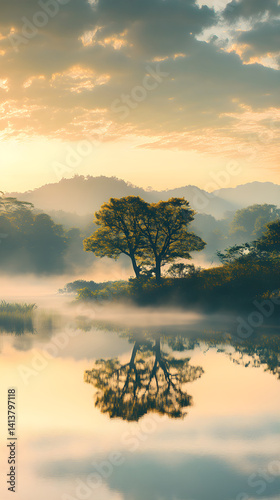 Obraz na płótnie Serenity Awakened: The Enchanting Tranquility of a Mist-Laden Morning Landscape w salonie