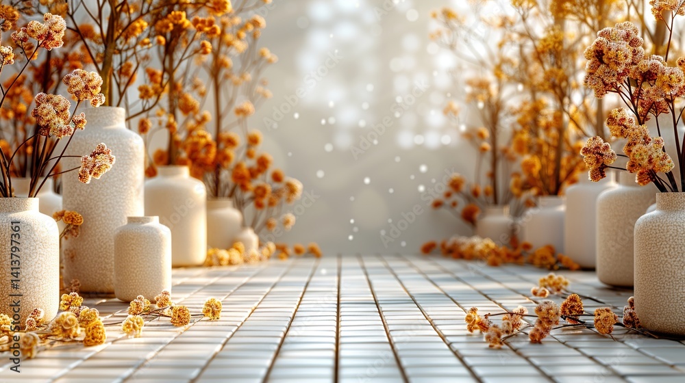 Fototapeta premium Background with beige geometric shapes and branches for presentation. HD 8K mockup wallpaper Photographic Image