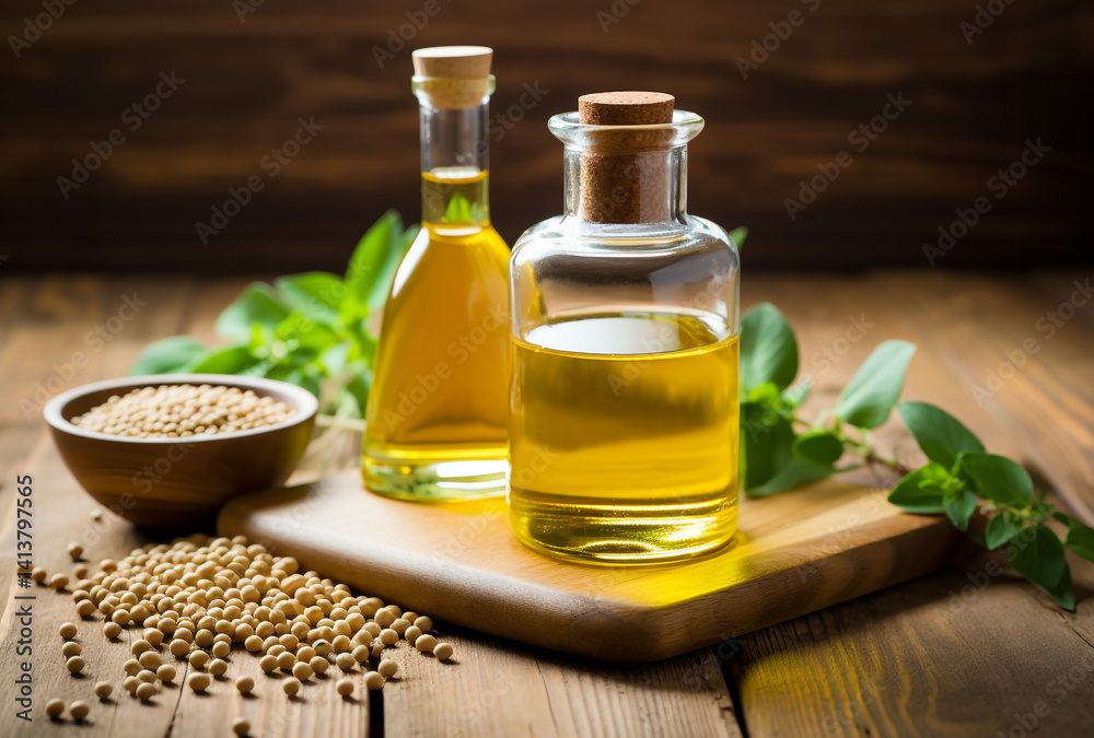 Soybeans and Soy Oil Bottle on Rustic Wooden Table Soybeans and Soy Oil Bottle on Rustic Wooden Table