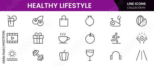 Vector illustration web line icon collection showcasing healthy lifestyle—fitness, balanced diet, yoga poses, heart rate, water intake, wellness symbols, and active living elements.