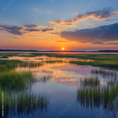 Golden Dusk Over the Tranquil Mirror: A Serene Marshland in Enchanting Harmony