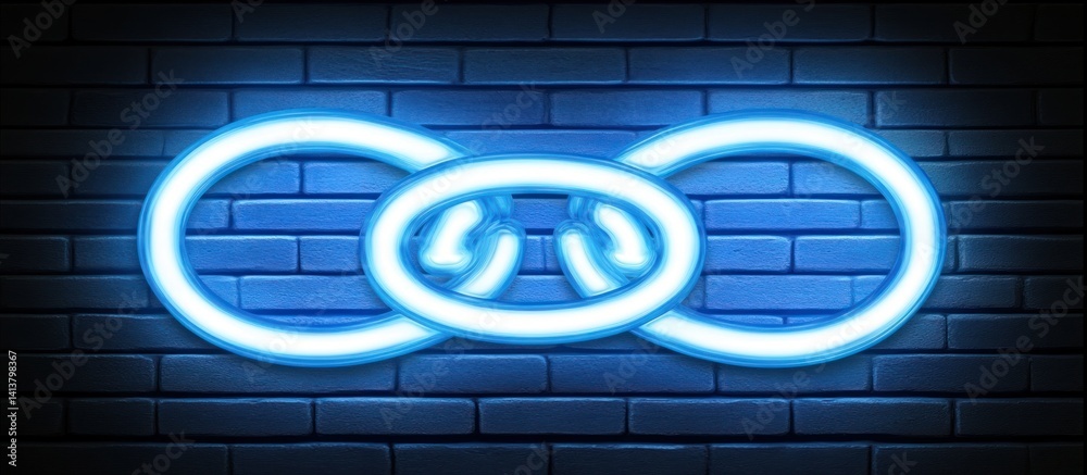 Obraz premium Neon blue linked circles on brick wall