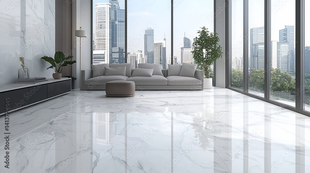 Fototapeta premium Modern living room with city view, marble floor, and comfortable furniture