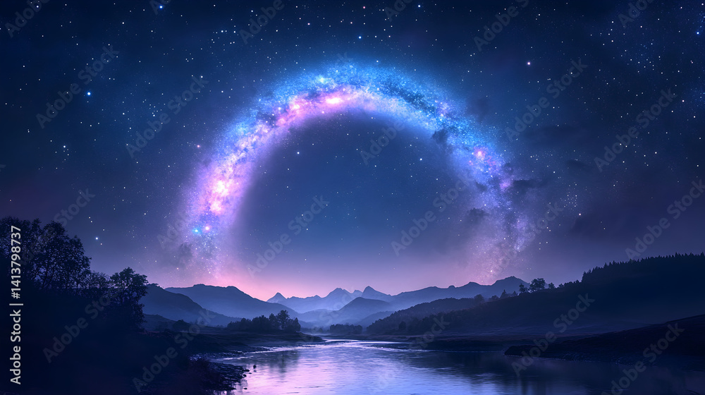 Celestial Bridge: Nighttime Majesty and Reflected Cosmic Splendor Under the Milky Way