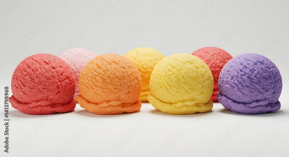 Scoops of assorted fruit ice cream, including flavors such as strawberry, mango and blueberry, placed side by side. Scoops of assorted fruit ice cream, including flavors such as strawberry, mango and blueberry, placed side by side.