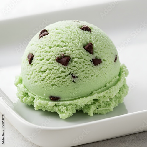 Mint chocolate chip ice cream served in a single scoop on a sleek white tray.