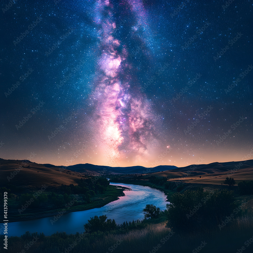 Celestial Bridge: Nighttime Majesty and Reflected Cosmic Splendor Under the Milky Way