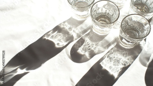 A serene arrangement of glass cups casting soft shadows on a white surface.