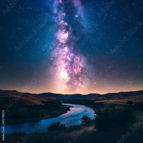 Obraz na płótnie Celestial Bridge: Nighttime Majesty and Reflected Cosmic Splendor Under the Milky Way w salonie