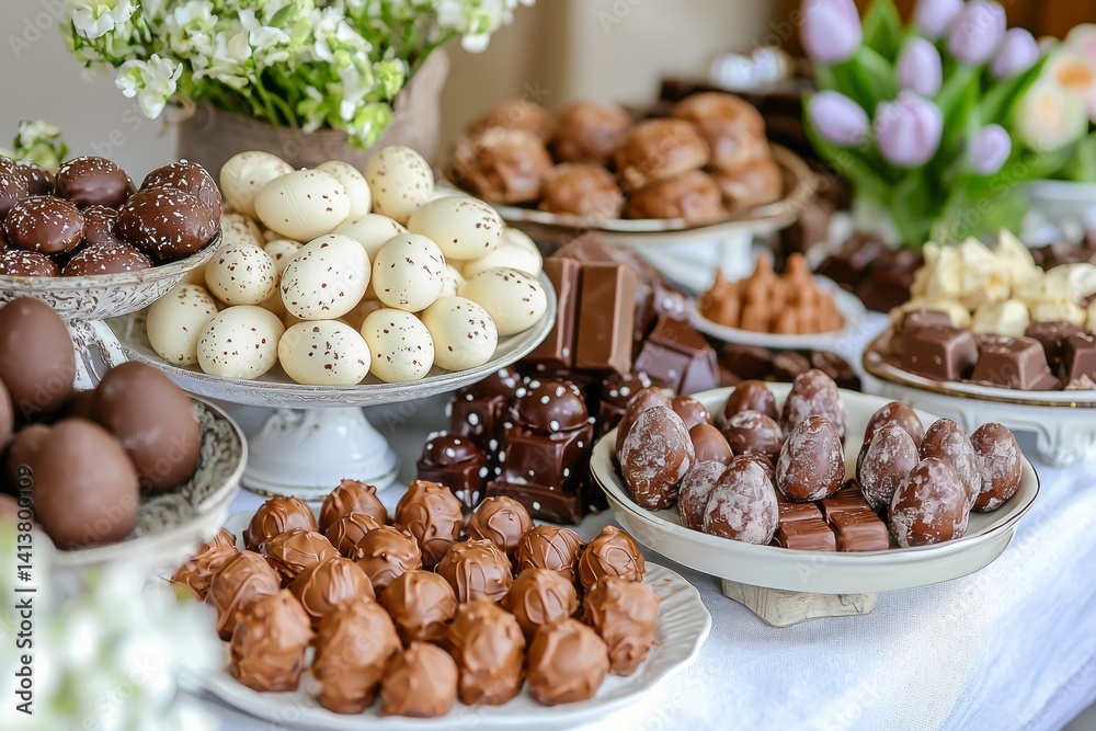 A table filled with chocolate treats including eggs, bunnies, and truffles. Guests enjoy picking out their favorite chocolate treat. The mood is delightful and indulgent A table filled with chocolate treats including eggs, bunnies, and truffles. Guests enjoy picking out their favorite chocolate treat. The mood is delightful and indulgent