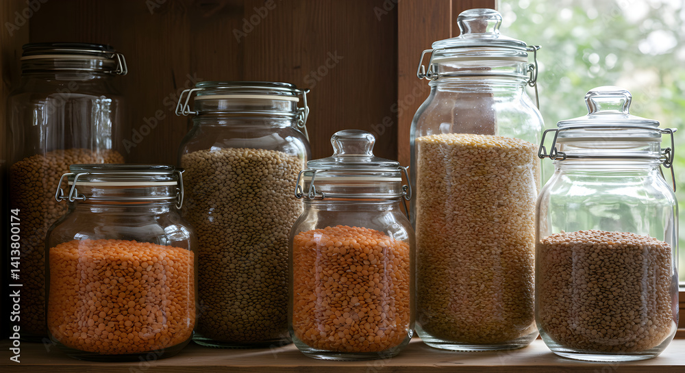 Variety Of Lentils Stored In Glass Jars For An Organized Pantry Variety Of Lentils Stored In Glass Jars For An Organized Pantry