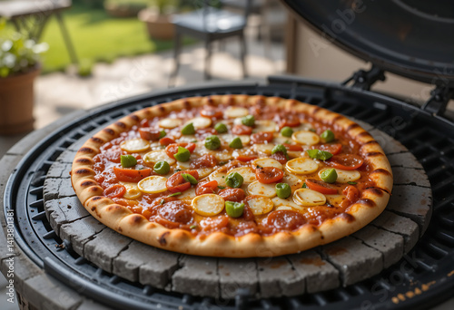 Delicious BBQ pizza with fresh toppings cooking on a grill outdoors in bright sunlight