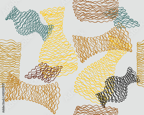 Seamless hand drawn brush line abstract weaving objects, Japanese and ethnic wood carving, engraving, basketry texture jar and vast background, simple graphic for carpet, textile, decoration