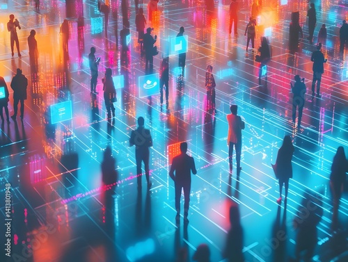 Futuristic city crowd moving through a digital landscape