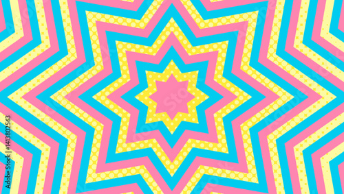 同心状の星形とハーフトーンのドットの背景、八角星、ポップなデザイン、装飾的な放射型図形