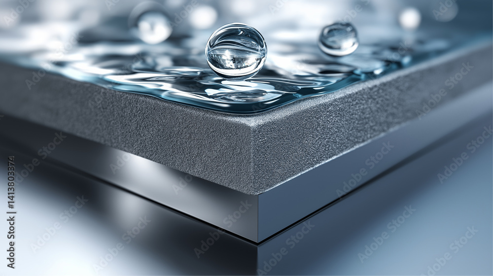 Makroaufnahme eines Wassertropfens auf einer grauen strukturierten Oberfläche mit Reflexion und leichtem Bokeheffekt