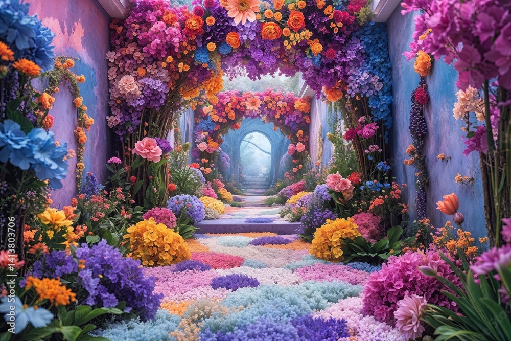 Fototapeta premium Dreamy Colorful Flower Wall Panorama for Enchanting Decor