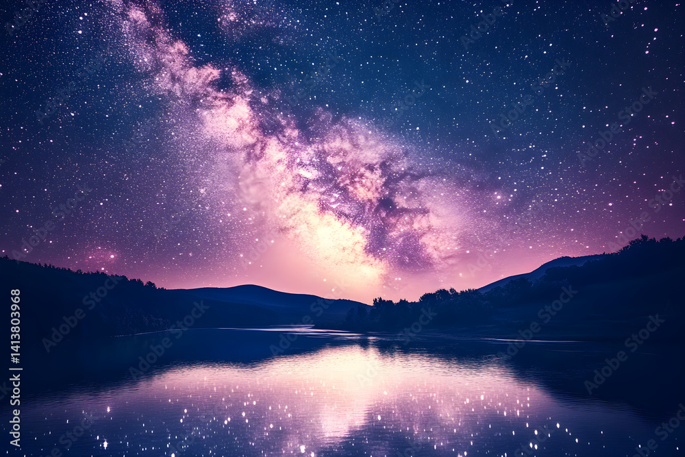 Celestial Bridge: Nighttime Majesty and Reflected Cosmic Splendor Under the Milky Way