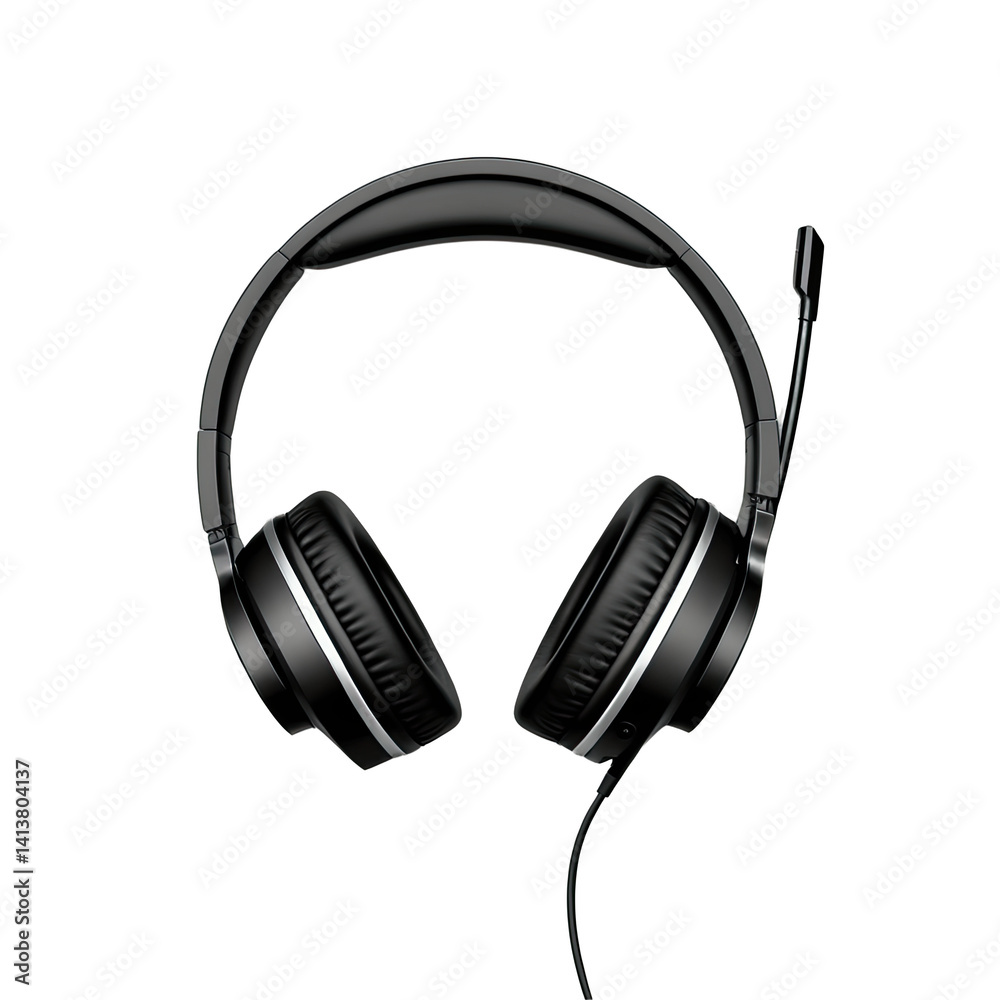 Fototapeta premium Sleek Black Wired Headphones with Microphone - Comfortable and Functional Design