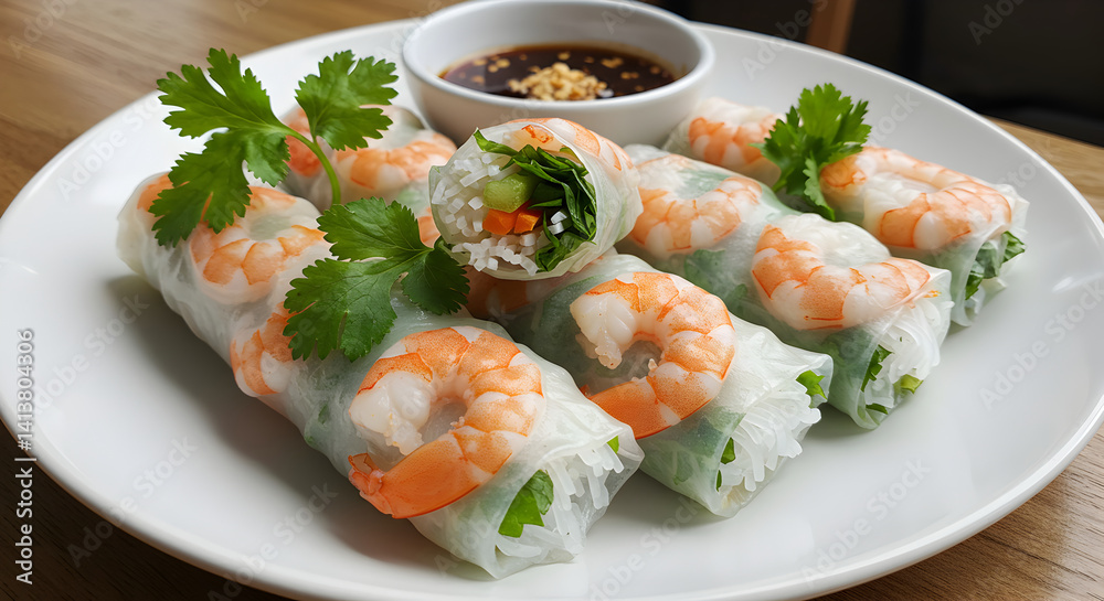 Exquisite Shrimp Spring Rolls Served With a Savory Dipping Sauce Exquisite Shrimp Spring Rolls Served With a Savory Dipping Sauce