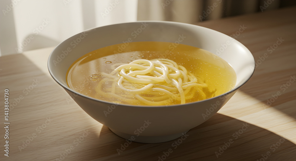 Bowl Of Chicken Noodle Soup On Table In Natural Morning Light Bowl Of Chicken Noodle Soup On Table In Natural Morning Light
