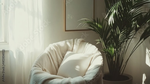 Cozy corner with a chair, pillow, and a potted plant illuminated by soft sunlight.