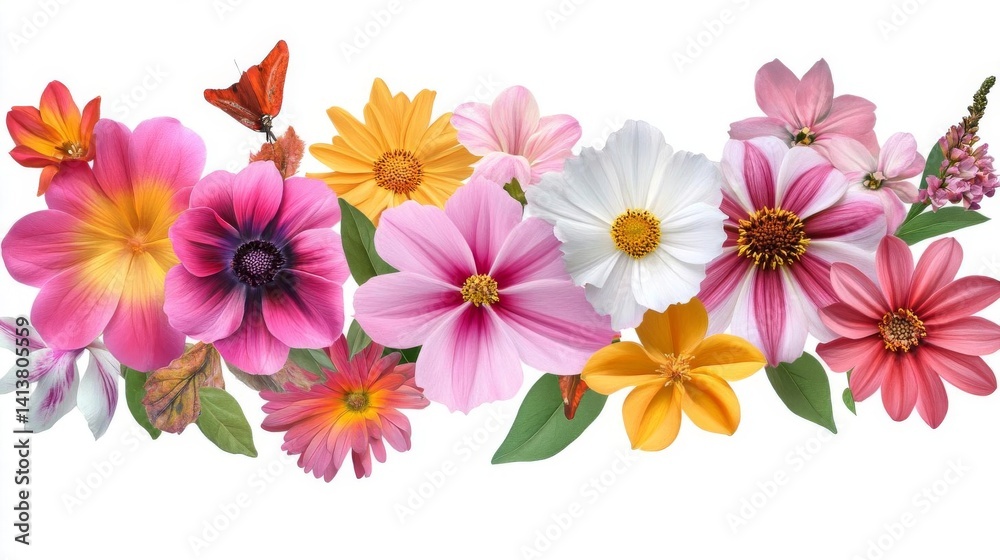 Obraz premium Vibrant Floral Arrangement: Pink, White, Yellow, and Orange Blossoms with Butterfly
