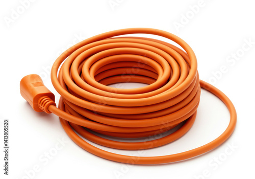 Bright orange heavy-duty extension cord coiled in circular loop on white background, isolated close-up of electrical equipment used for powering tools and devices at home, garage or construction site