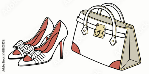 Pair of female shoes and handbag isolated on white background  vector, illustration.
