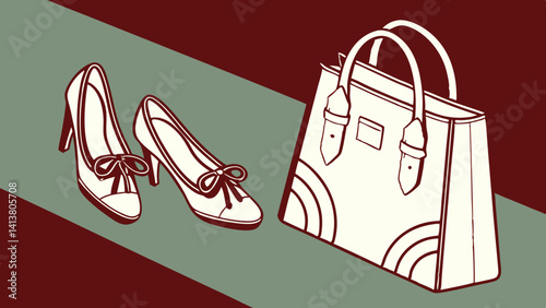 Pair of female shoes and handbag isolated on dark red-green background  vector, illustration.
