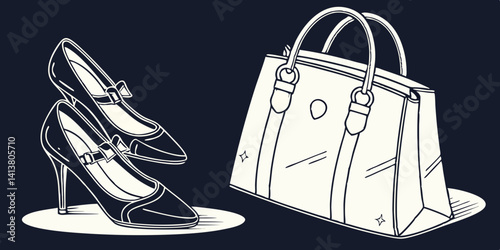 Pair of female shoes and handbag isolated on dark navy blue  background  vector, illustration.
