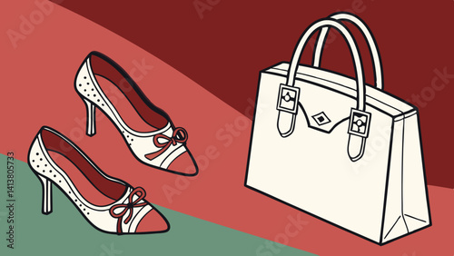 Pair of female shoes and handbag isolated on dark red-green background  vector, illustration.
