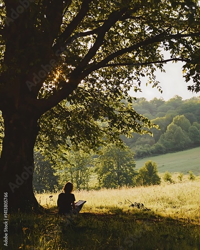 A person is sitting under a tree reading a book