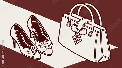 Pair of female shoes and handbag isolated on dark red  background  vector, illustration.
