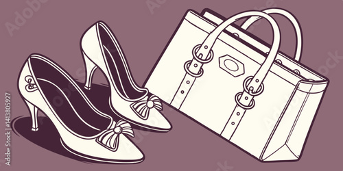 Pair of female shoes and handbag isolated on dark purple  background  vector, illustration.
