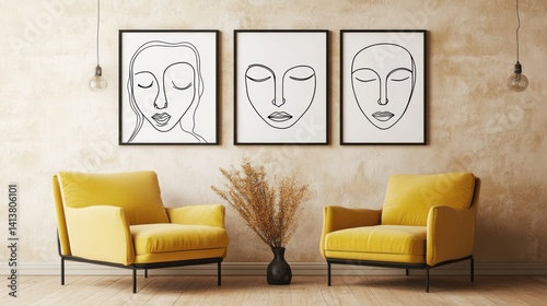 A cozy interior featuring minimalist art and yellow chairs, creating a warm atmosphere.