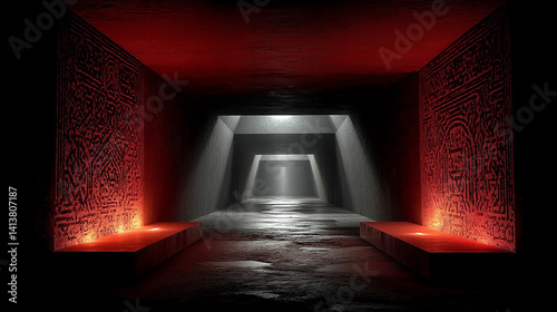 Futuristic red tech tunnel with glowing digital code patterns on walls and floor symbolizes data flow, innovation, and immersive technology with deep perspective and intense energy

 photo