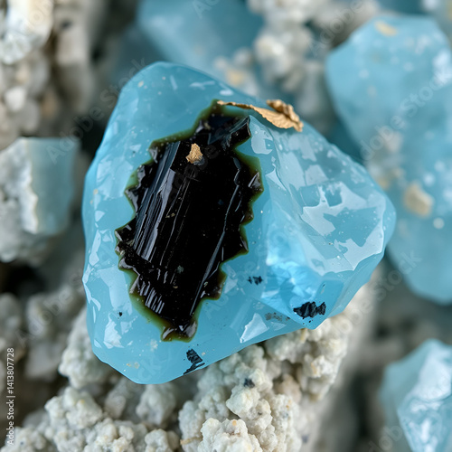blue aquamarine with schorl (black tourmaline) inclusion. macro detail texture background. close-up raw rough unpolished semi-precious gemstone