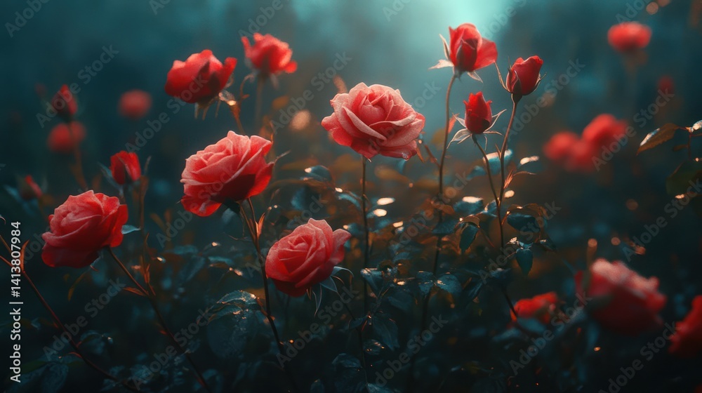 Obraz premium Dawn's Embrace Roses bloom in mystical garden, sunlit mist. Romantic greeting card