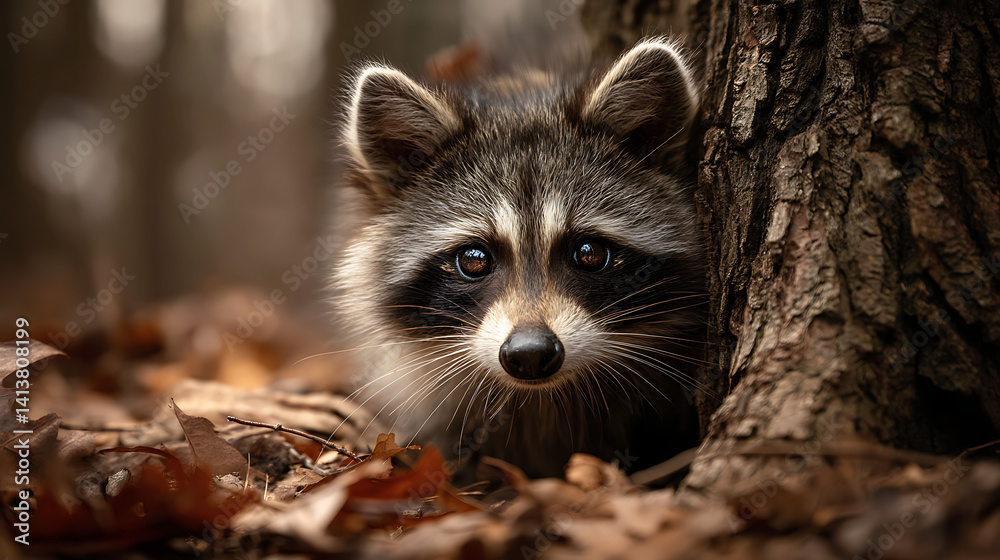 Obraz premium Close-up raccoon in serene forest wildlife scene photorealistic animal photography with soft background and ambient light