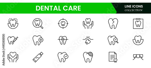  Set of dentist Icons. Simple line art style icons pack. Vector illustration. Dental elements, stroke pictogram, and minimal thin web icon set. Outline collection. illustration