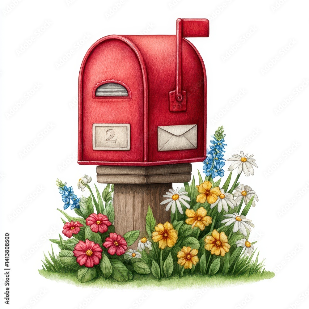 Red Mailbox with Colorful Spring Flowers Red Mailbox with Colorful Spring Flowers
